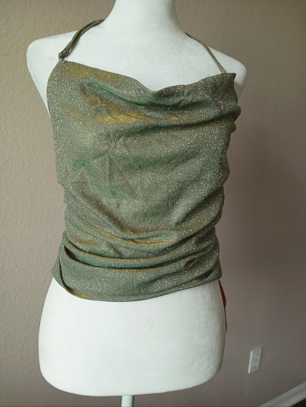 Cider Olive Green Metallic Halter Cowl Camisole